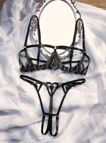 SpicyHot 2pcs/Set Women's Sexy Lace Embroidery Underwire Bra & Thong Set, Going Out - Black - View 4