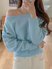 DAZY Áo len mỏng trễ vai màu trơn thu đông - Màu xanh lam - Xem 4