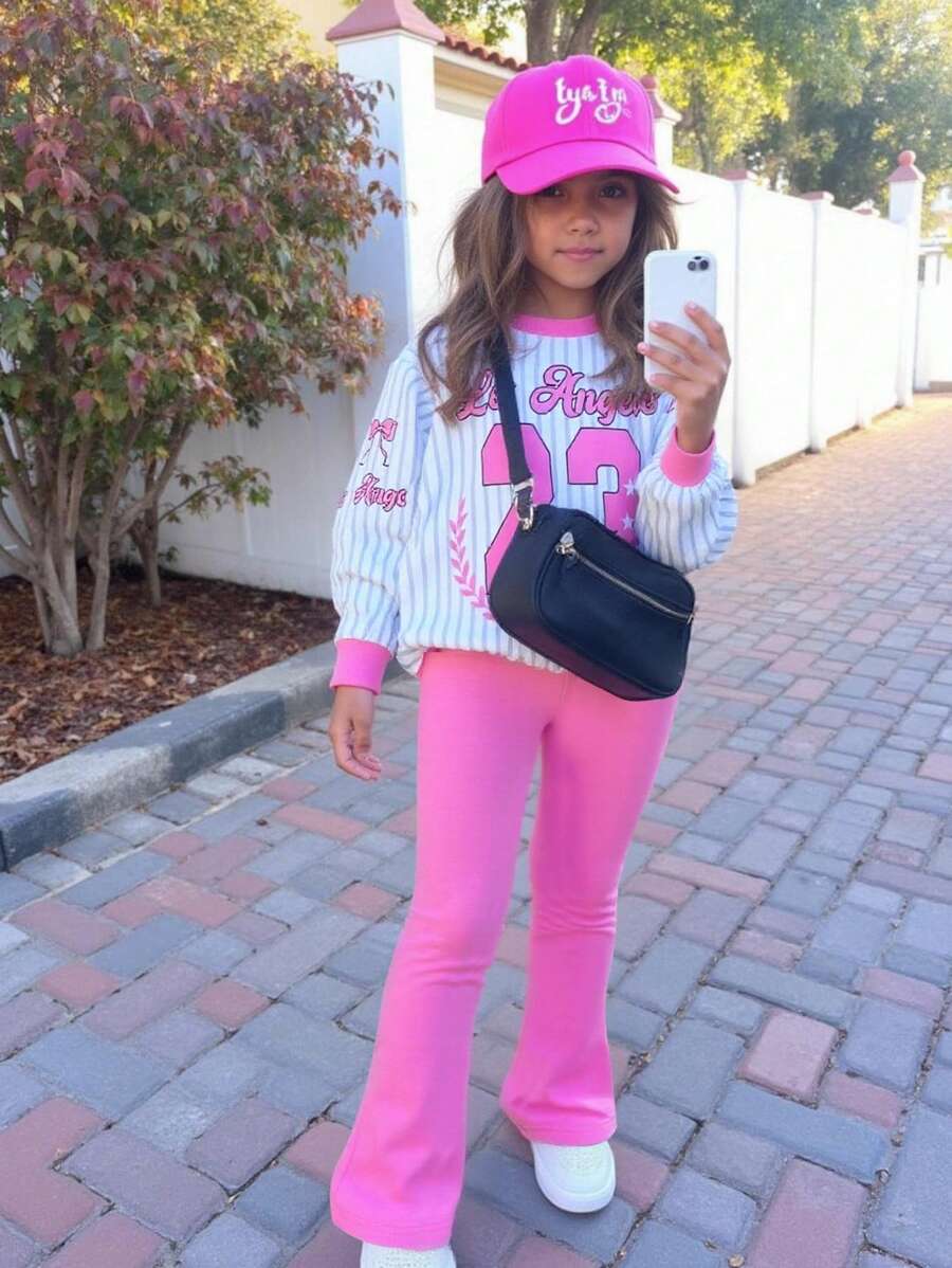SHEIN Outfit casual per ragazze giovani composto da maglietta a maniche lunghe con stampa a righe e lettera, e pantaloni a zampa