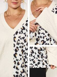 Momelise Tee-shirt à manches longues pour femmes grandes tailles, col en V, imprimé léopard patchwork. Tenue décontractée pour l'extérieur, campagne, vacances d'été tout blanc, promenade printanière ensoleillée, vacances, look vintage de fête. Pull tricoté marron d'automne pour femmes - Multicolore - Voir 2