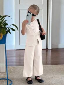 SHEIN 年轻女孩通勤休闲纯色梭织无袖圆领上衣和直筒裤套装，法式 - 杏色 - 查看 2