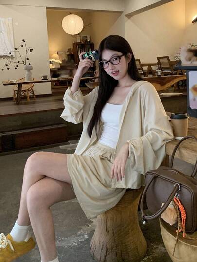 DAZY 女士日式连帽衫和休闲短裤两件套家居服套装