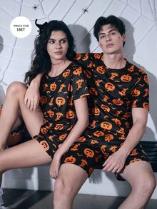 CoupledUp Halloween Pumpkin Print Short Sleeve Shorts Men Pajama Set - Multicolor - View 6
