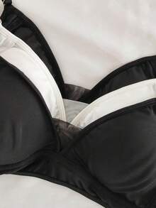 3 件套少女法式光滑面料，网眼衬里，柔软舒适轻盈棉质罩杯文胸，黑白相间，简约时尚基础款