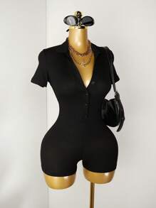 Mistrie Bộ áo liền quần ngắn tay đơn giản hàng ngày màu trơn dành cho nữ - màu đen - Xem 3