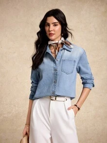 House of One 女士浅色水洗休闲长袖宽松牛仔衬衫上衣春秋季度假牛仔衬衫女式牛仔衬衫女式牛仔衬衫 - 淺色水洗藍 - 查看 7