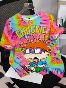 Nick 90s | SHEIN 女式扎染卡通人物图案圆领短袖T恤