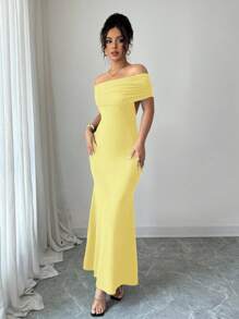 Rafferiza New Off Shoulder Backless Maxi Dress, Fitted Mermaid Silhouette Summer Dress Clothes For University - Yellow - View 5