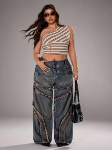 Jeanoix 大码女式纽扣设计磨边阔腿宽松休闲牛仔裤