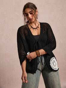 Freevana 大码女式花卉图案镂空前系带长袖开衫 - 黑色 - 查看 6