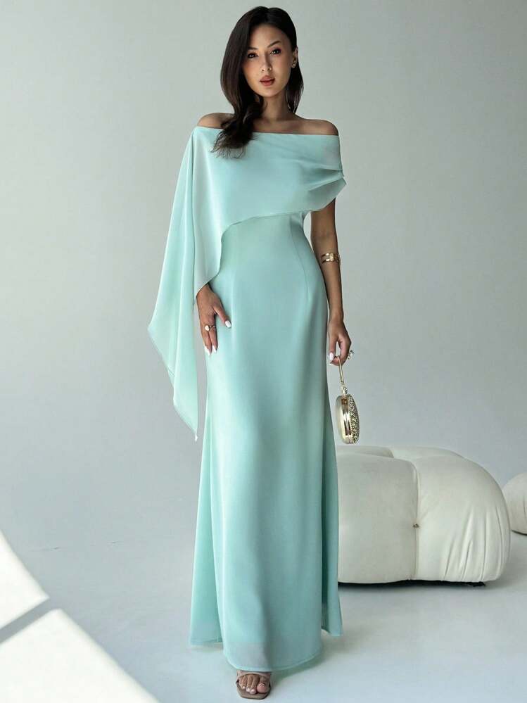 Aloruh New Off Shoulder Boat Neck Asymmetric Ruffle Fitted Dress, Elegant Birthday Party Cocktail Dress, Long Maxi Green Mermaid Hem Gown,Fall Dresses For Women,Prom Dress,Fall Wedding Guest Dress - Green - View 3