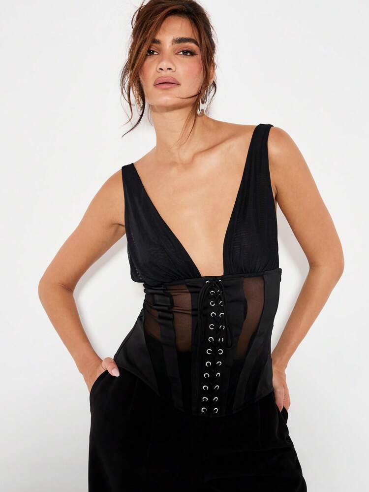 KIZN Plunge Neck Corset Style Tank Top With Mesh Panel Lace Up Detail Evening Wear Party Club Night Out Glamorous Fashion