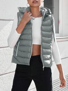 RueChic Zip Up Hooded Vest Puffer Coat - Grey - View 9