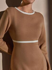 CLARA VERO DAMEN BEIGE LANG GESTRICKTES BODYCON KLEID - 7GG - HOHER SCHLITZ - LANGARM - WEISSE KANTENVERZIERUNG - HOHE ELASTIZITÄT - ELEGANTER STIL - Beige - Übersicht 7