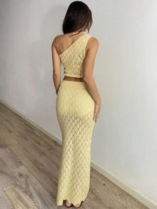 Sunnyshic 2件套女士时尚休闲度假日常斜肩毛衣套装 - 黃色 - 查看 2