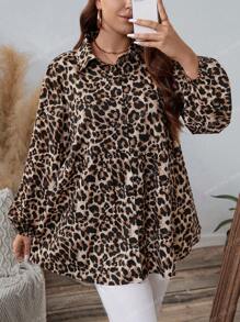 SHEIN LUNE Plus Size Women Leopard Print Lapel Long Sleeve Blouse, Fall/Winter Tops Button Up Shirt Business Casual Woman Work Thanksgiving Holiday - Multicolor - View 1