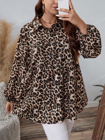 SHEIN LUNE 大码女式豹纹翻领长袖衬衫，秋冬豹纹女式上衣，纽扣衬衫，商务休闲女式工作衬衫，感恩节假日商务衬衫