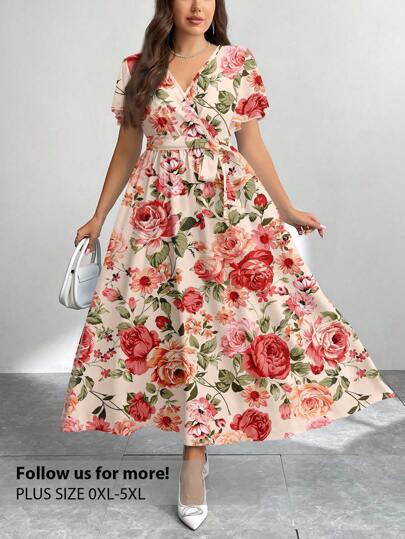 Firerie 复古玫瑰花卉印花休闲宽松大码连衣裙，简约花卉图案，适合秋冬季
