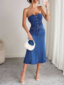 Elenzga Women's Solid Color Casual Denim Tube Dress - Medium Wash - View 5