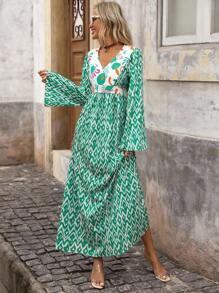 Brillora 波西米亚风格V领长袖宽松下摆印花连衣裙，适合度假穿着 - 彩色 - 查看 5