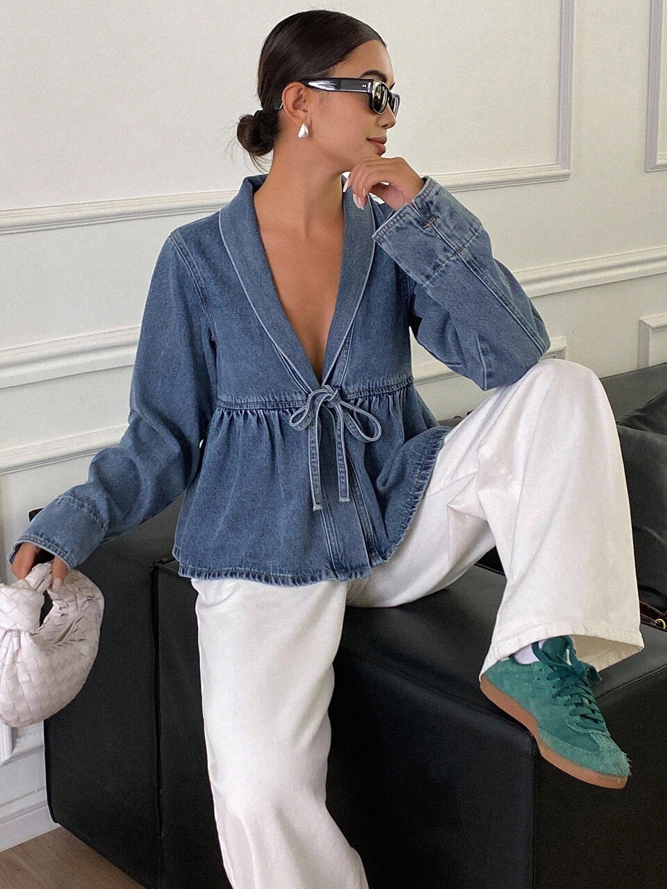 Women's Solid Color Loose Tie-Front Long Sleeve Denim Blouse,Jeans Jacket,Fall Women Clothes