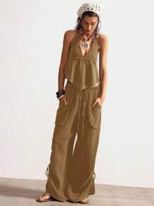 Bohemela 1 chiếc áo ba lỗ cổ yếm dệt trơn màu dành cho nữ - màu nâu - Xem 5