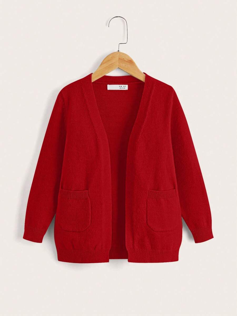 SHEIN Young Girl Casual Solid Color Cardigan With Pockets In Fall/Winter - Red - View 1