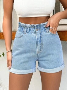 EURMUSE 100%Cotton Rigid, Elastic Band Detailed Shorts - Light Wash - View 8