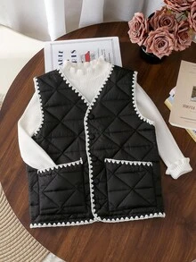 1 pezzo Gilet imbottito in cotone con motivo a diamanti e bordo arricciato per ragazze pre-adolescenti, adatto per autunno/inverno - nero - Visualizzare 3