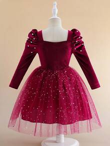 Young Girls Fashion Elegant Burgundy Star Sequin Mesh Tulle Dress, Jewel Neck, Long Sleeve, Bowknot Princess Party Dress, Spring/Autumn Burgundy Velvet Dress For Girls Girls Party Dress Long Sleeve Girls Dress Fall Winter  Princess  Halloween/Christmas Party Dresses For  Vacation  Autumn And Winter