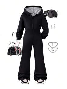SHEIN Young Girls Letter Print Hooded Flare Jumpsuit One Piece Outfit Full Set Outfit Hooded Jumpsuit Black Jumpsuit Fall Winter