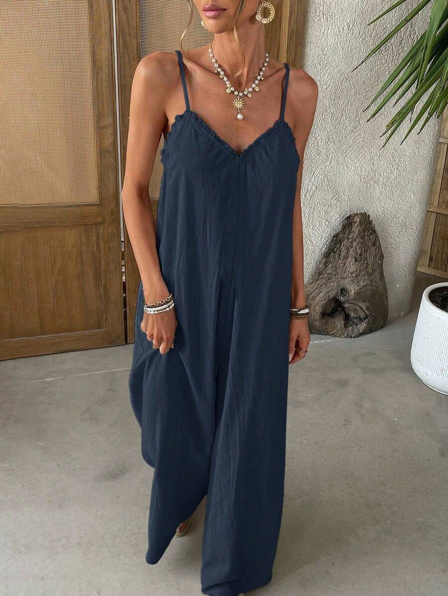 SHEIN VCAY 女士度假休闲纯色荷叶边宽松连体裤 - 藏蓝色 - 查看 1