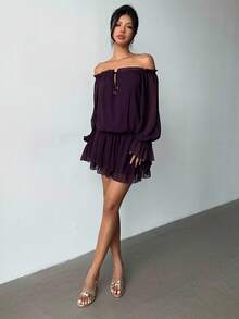 Aloruh 透明性感雪纺波西米亚露肩长袖连衣裙，秋季