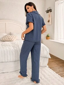 CoupledUp Multicolor Checkered Long Pant Pajama Set With Pockets And Ruffled Short Sleeves  Cozy And Elegant Details - Multicolor - View 8
