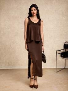 House of One Round Neck Casual Loose Fit Satin Tank Top Women Summer Autumn Wear Fall Outfits Business Professional Women Business Casual Woman - Brown - View 5