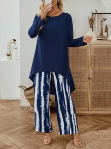 EMERY ROSE 2件套女式休闲前短后长上衣和印花裤套装