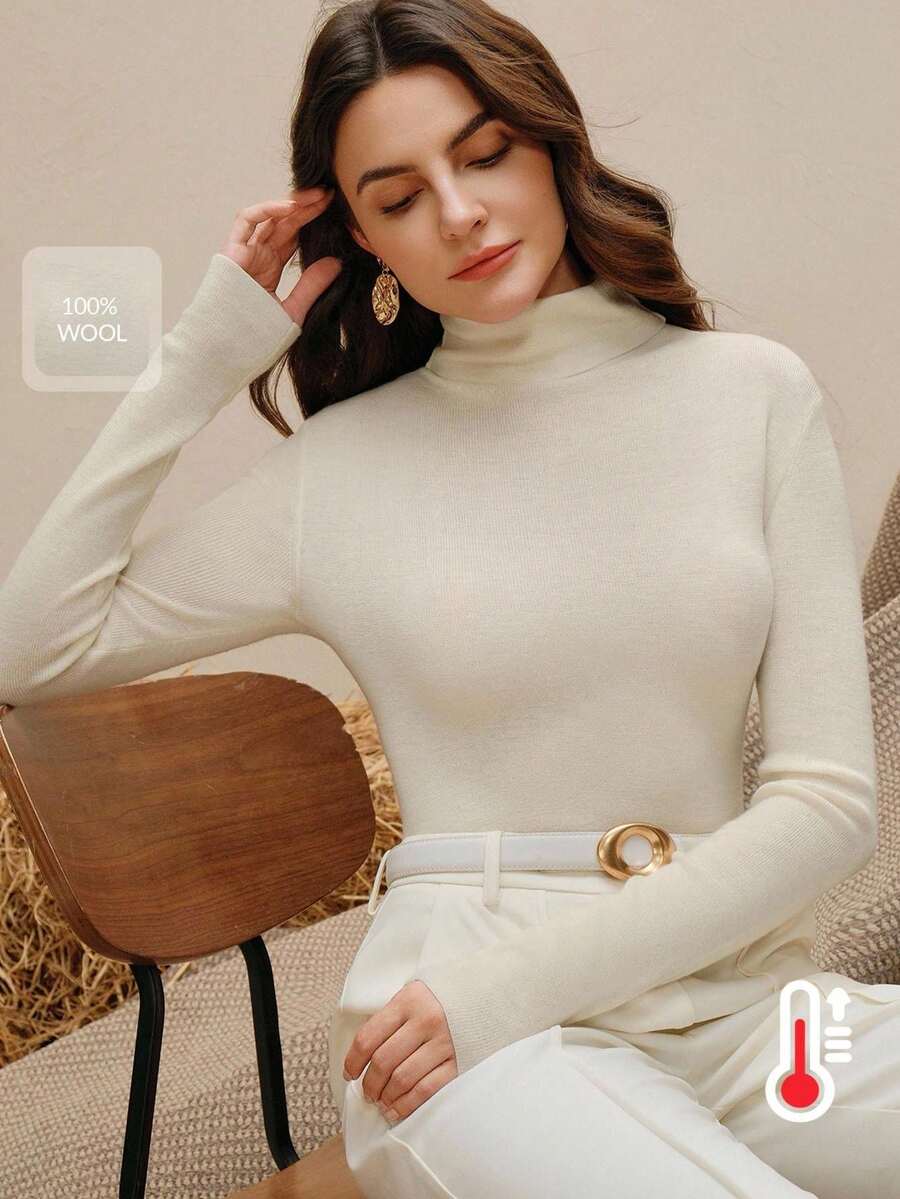 SHEIN X Jwoww Anewsta Women's Elegant Modern Solid Color 100% Wool Turtleneck Sweater - White - View 1