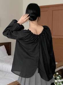 DAZY Áo sơ mi trơn màu đen rộng rãi, thường ngày dành cho nữ, Thu/Đông - màu đen - Xem 6