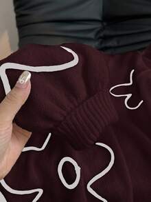 CosyJoli Plus Size Women Floral Line Pattern Pullover Sweater,Autumn/Winter Graphic Flower Long Sleeve,Burgundy,Autumn,Cute,School,Back-To-School Brown Sweater - Burgundy - View 7