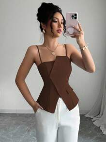 Elenzga 2025新款蓝色不对称设计时尚百搭通勤休闲束腰吊带背心 - 棕色 - 查看 1