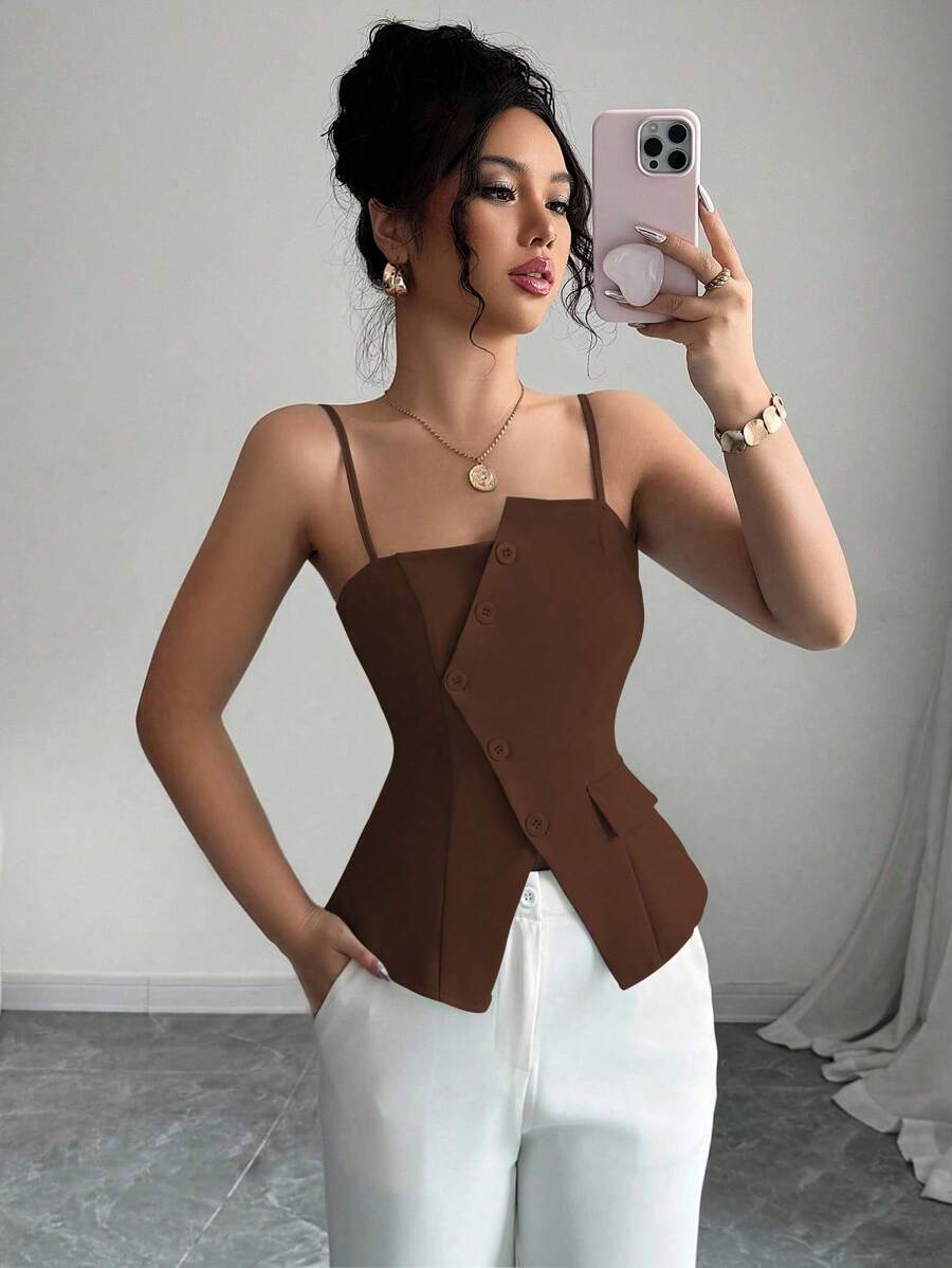 Elenzga 2025新款蓝色不对称设计时尚百搭通勤休闲束腰吊带背心 - 棕色 - 查看 1