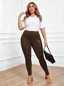 Miaspire Plus Size Women's PU Leather Splice Leggings, Fall - Brown - View 6