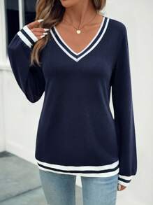 SHEIN LUNE Casual Contrast Trim Pullover Sweatshirt, Suitable For Spring & Autumn Graduation,Back To School,Graduation,Teacher For Women,Back To School Fall - Blue - View 4