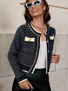 SHEIN Clasi Cárdigan de punto ajustado con cuello redondo, manga larga y botones de mujer con contraste de color para otoño/invierno - Negro - Ver 3