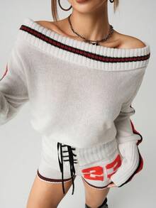 SHEIN ICON 1 Bộ trang phục thể thao thường ngày gồm áo len hở vai ôm sát và quần short siêu ngắn - Màu be - Xem 3