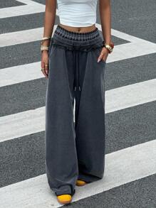 Muchica 女式休闲腰带拼接宽松高腰裤 - 黑色 - 查看 5