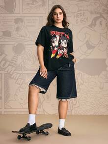 Astro Boy X SHEIN Camiseta holgada de manga caída con estampado de dibujos animados y japonés para mujer de talla grande, casual de verano - Negro - Ver 6