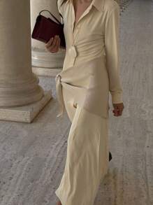 Siren Gaze 优雅通勤纯色前扣长裙 - 黃色 - 查看 2