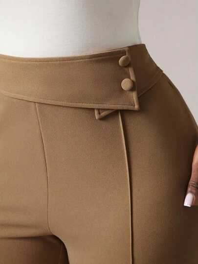 SHEIN SXY 大码女式秋冬、春夏优雅基本款手工缝制带扣装饰喇叭裤，适合日常派对穿着，适合舞会、情人节