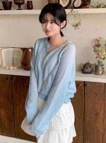 DAZY Henley Neck Lightweight Basic Long Sleeve Knit Sweater Top Fall - Blue - View 4